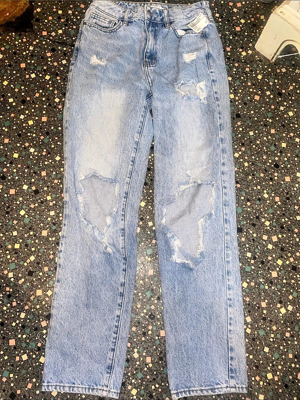 Pacsun Light Indigo Ripped Dad Jeans Distressed Straight Leg Jeans in Blue Waist